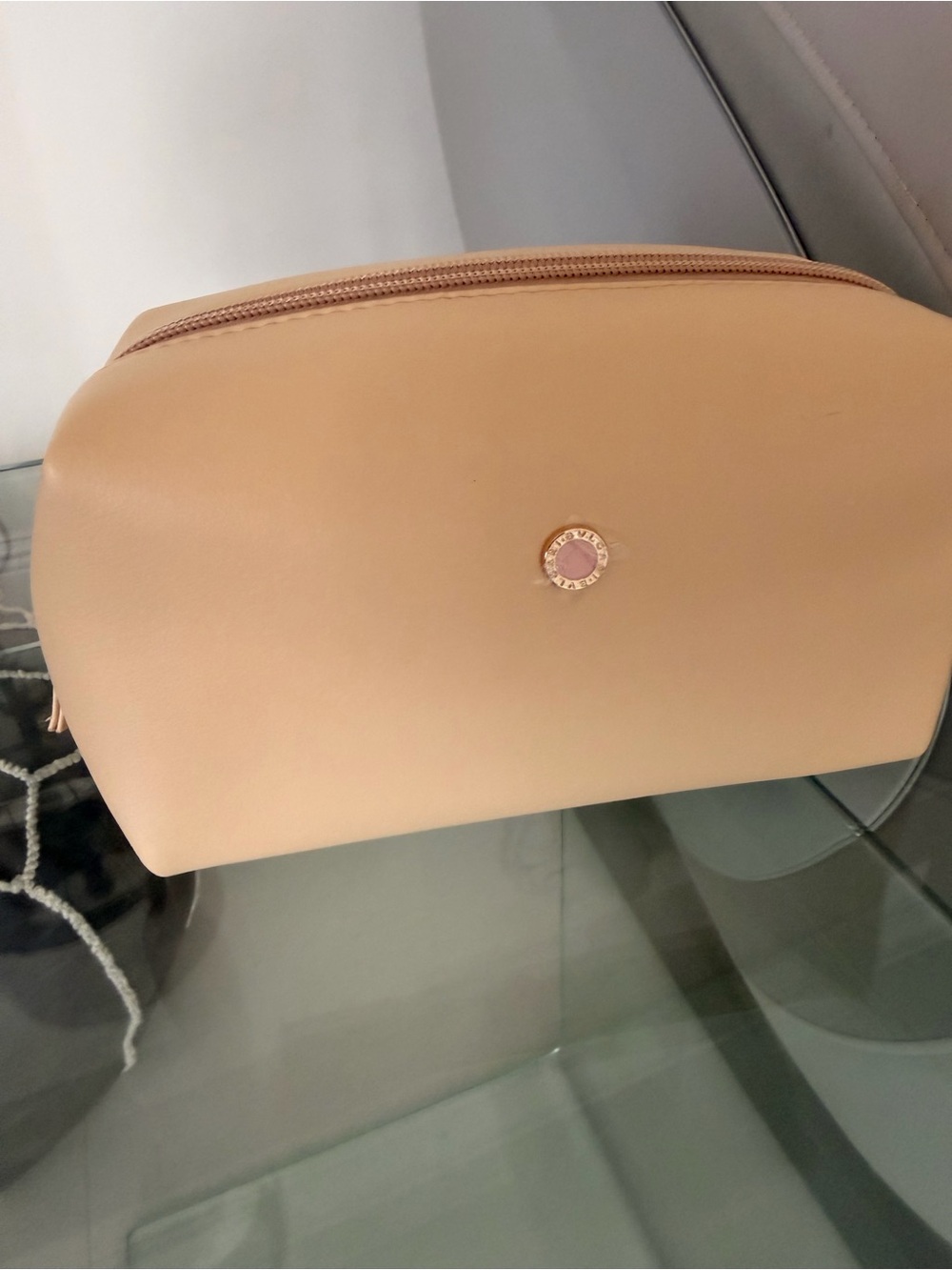 Bulgari Nude Beige Leather Cosmetic Pouch with Logo Accent